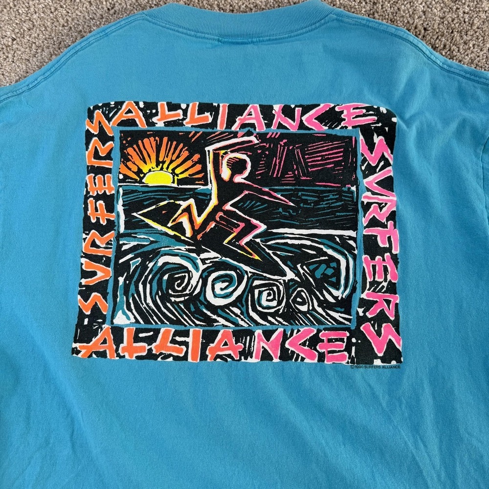 Vintage 90s Surfers Alliance Shirt Mens XL Blue Surf Graphic Pocket Tee T-Shirt